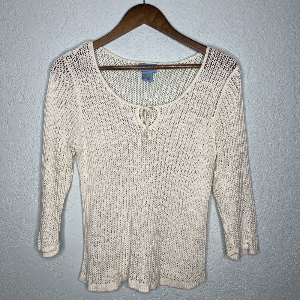 So Blue SIGRID OLSEN White Cotton Open Weave Tunic Sweater L Boho Festival Y2K